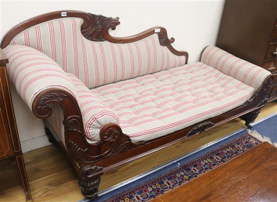 A mahogany frame upholstered chaise longue, W.190cm